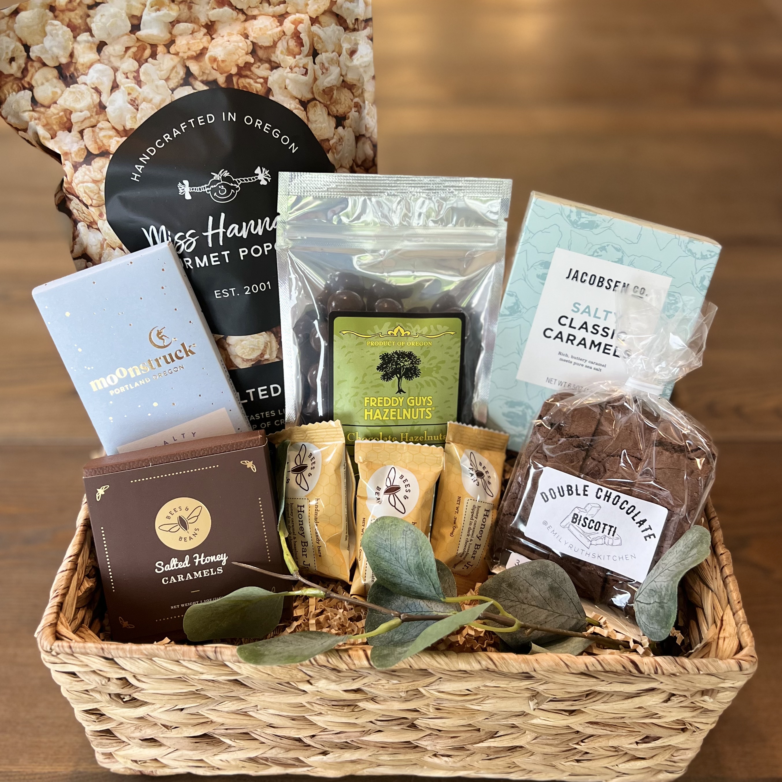 Sweet Treats gift basket with chocolate, caramels, and popcorn