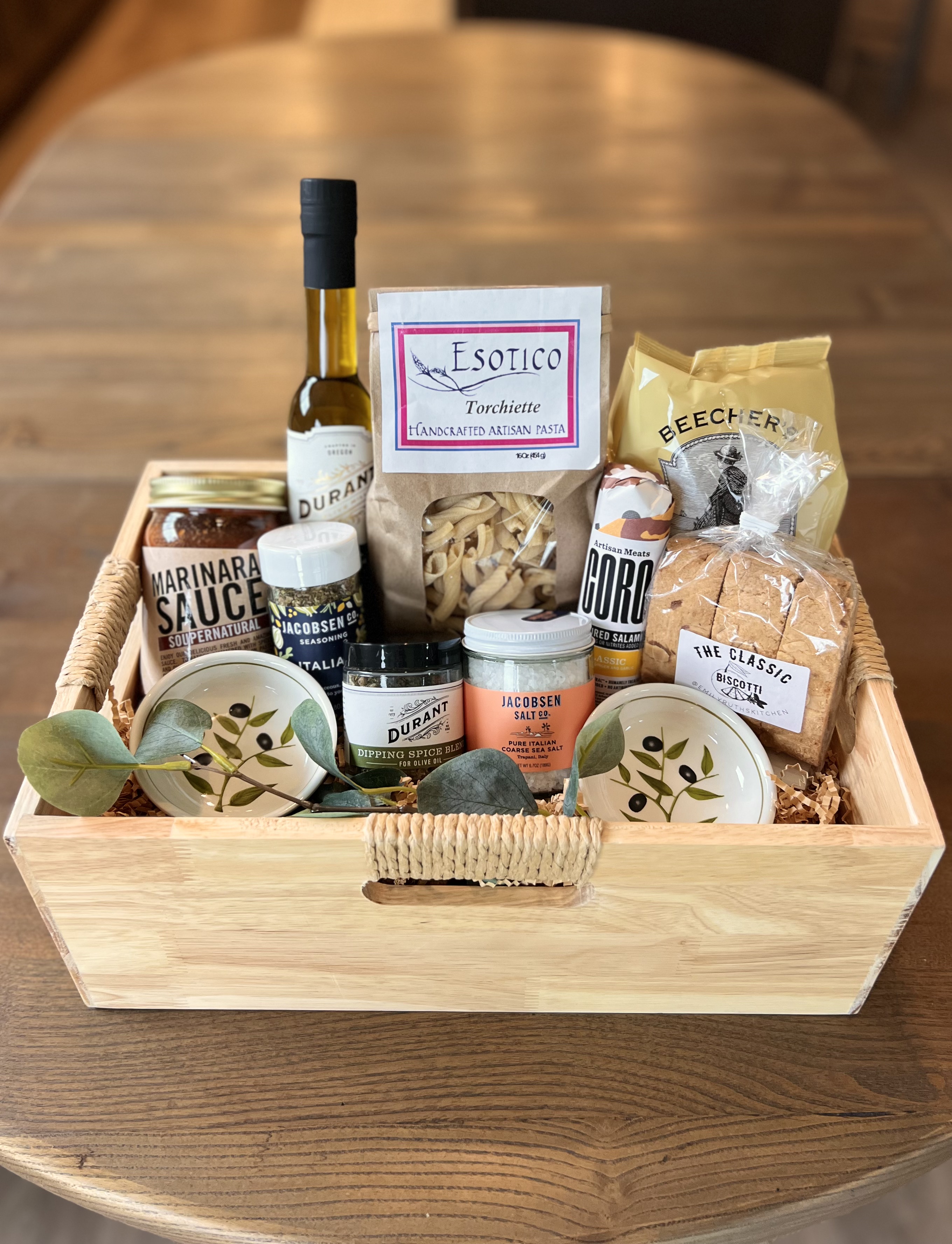 Italian Delights gift basket with salami, pasta, and olive oil