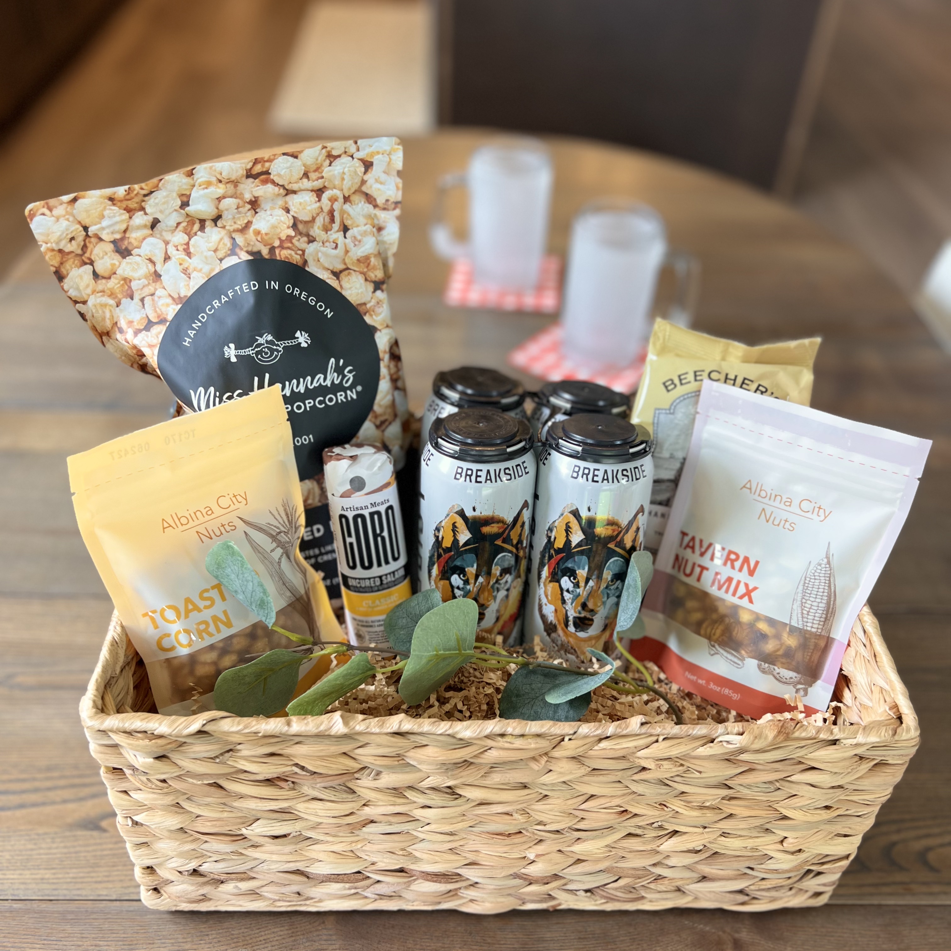 Cold Brews gift basket with craft beer and savory snacks