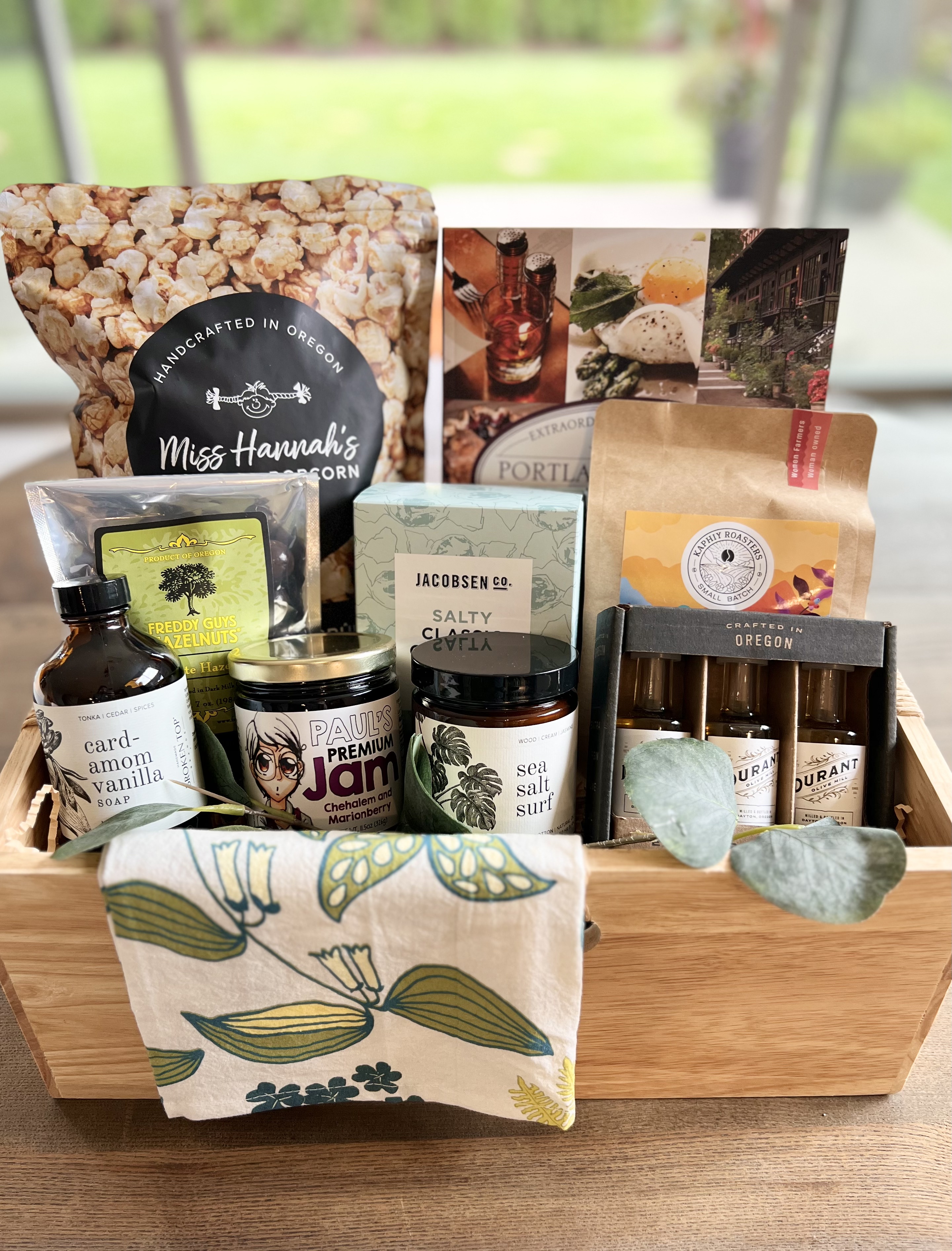 Welcome Home gift basket with local Oregon treats and home essentials