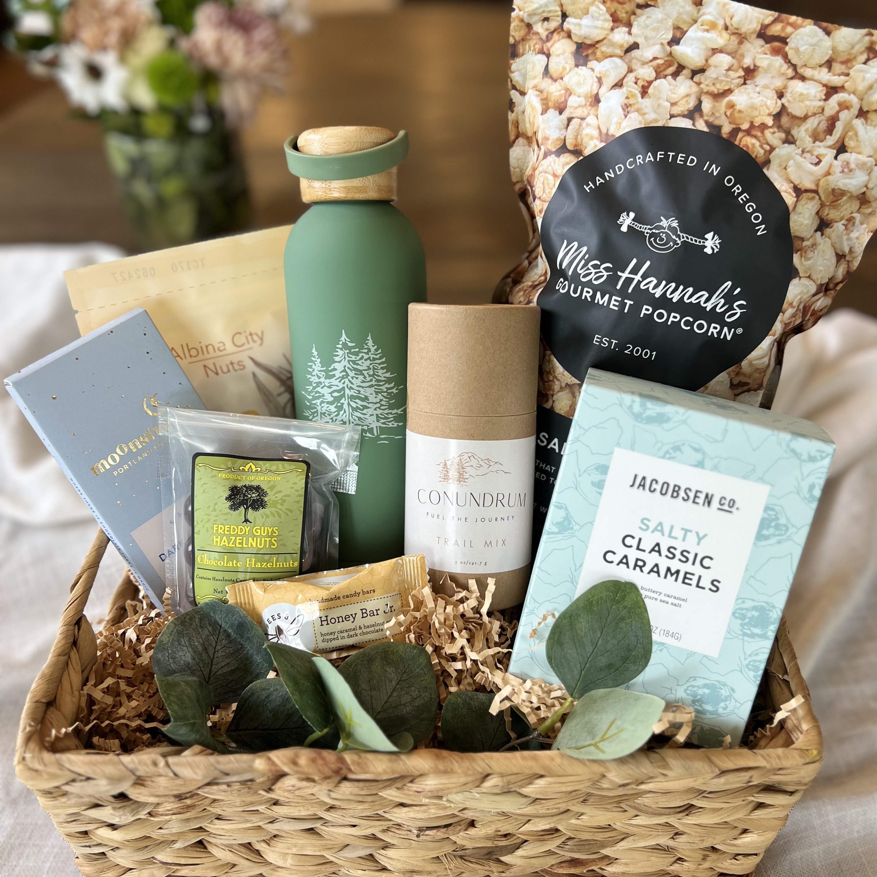 Appreciate You gift basket with snacks, chocolate, and local treats
