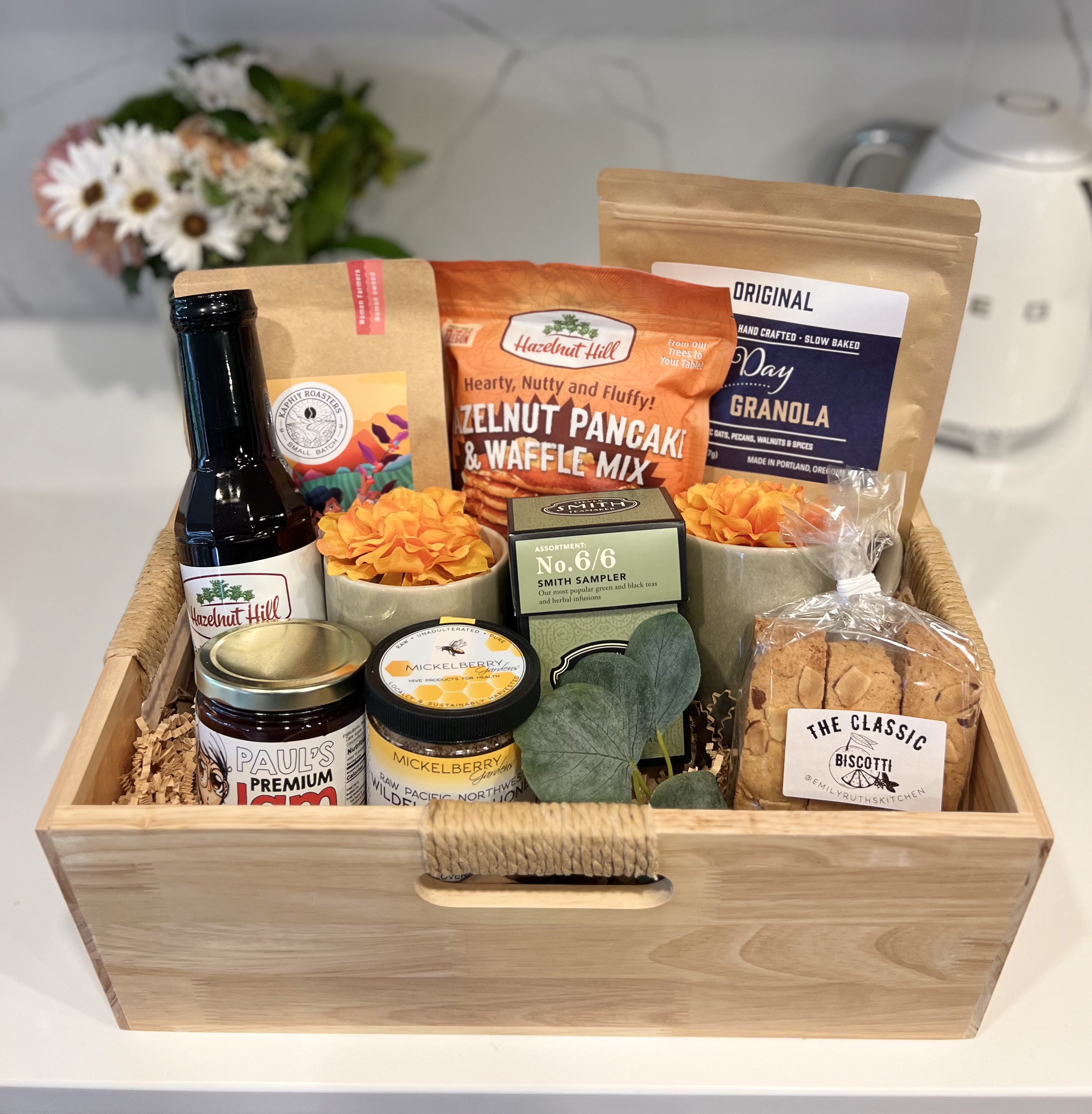 Rise and Shine breakfast gift basket with coffee, mugs, and local treats