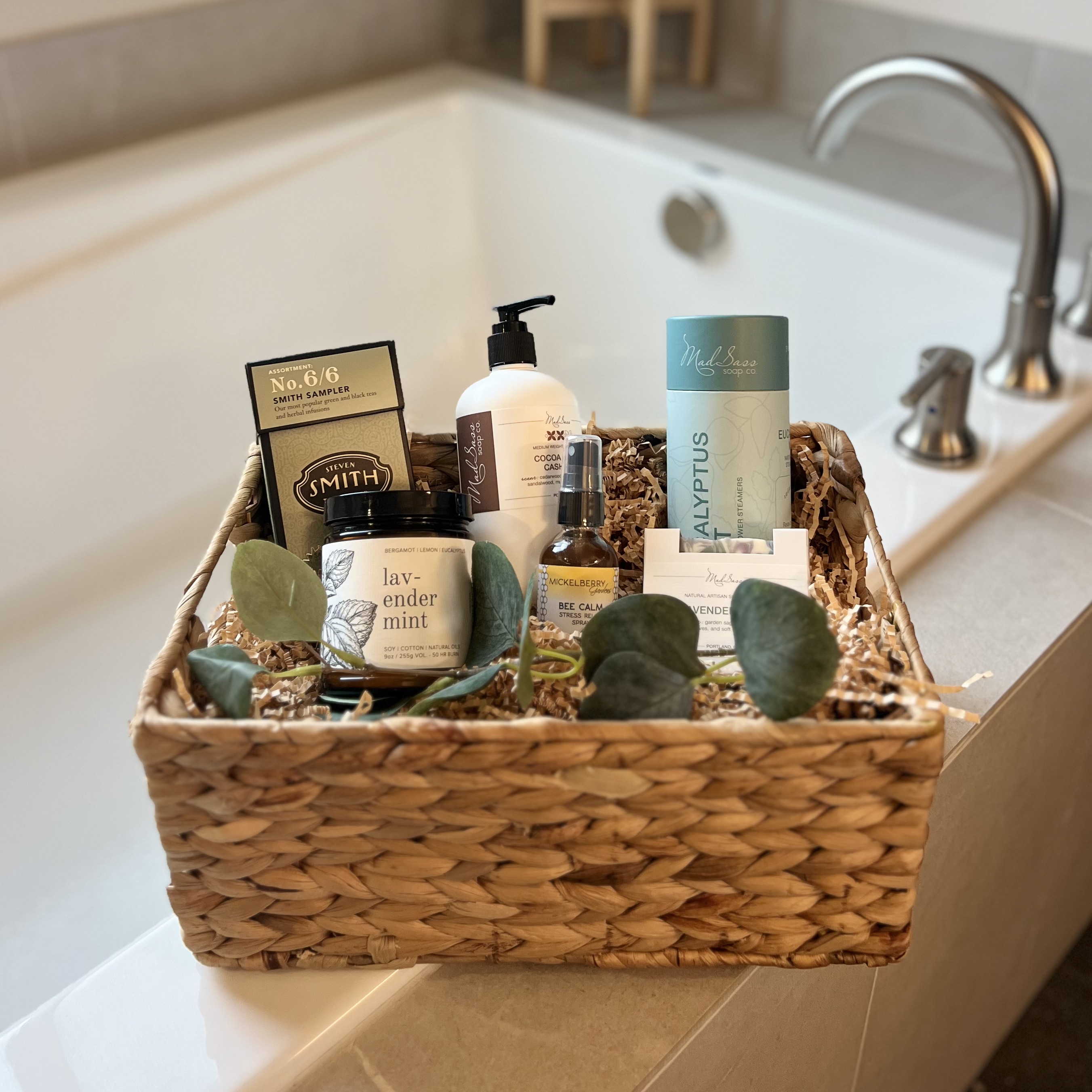 Spa Retreat gift basket with candle, tea, and bath products