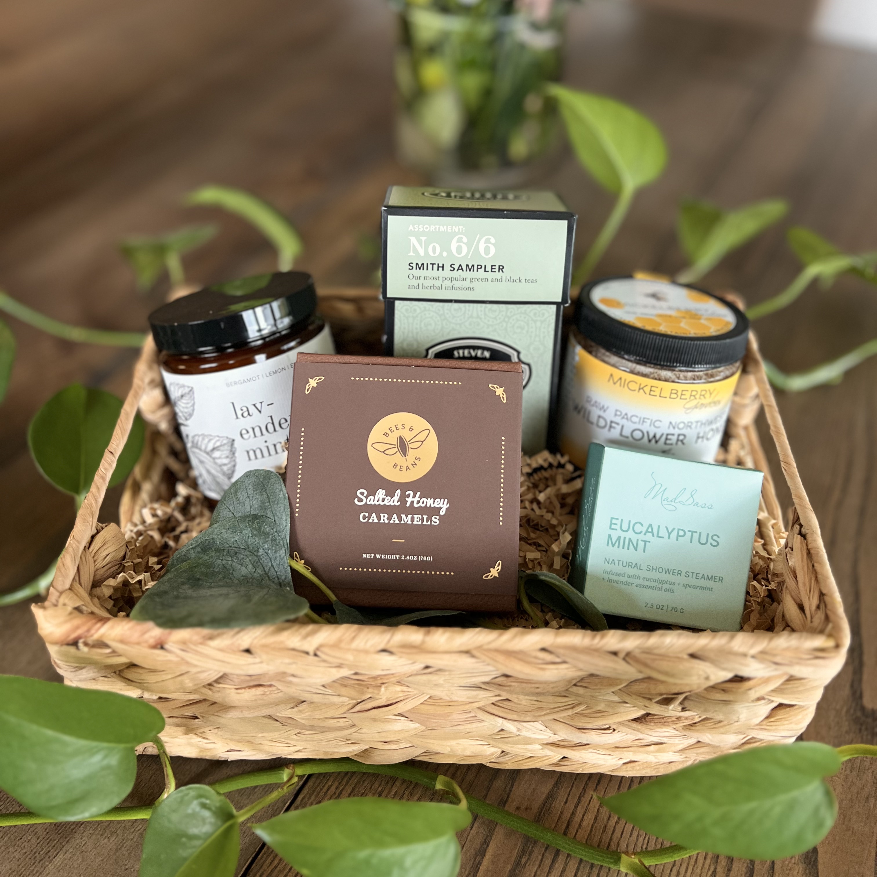 Get Well Soon gift basket with tea, honey, and a candle